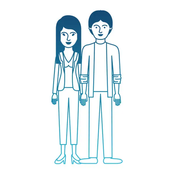Vector illustration of couple in degraded blue silhouette and her with blouse and jacket and pants and heel shoes with layered hair and him with shirt and jacket and pants and shoes with middle part hairstyle