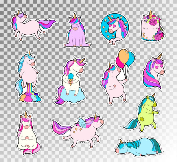 Colored doodle set of cute unicorn. Vector sketch illustration of unicorn emotions sticker. Vector sketch illustration of unicorn emotions sticker. Cute happy character. unicorn face stock illustrations