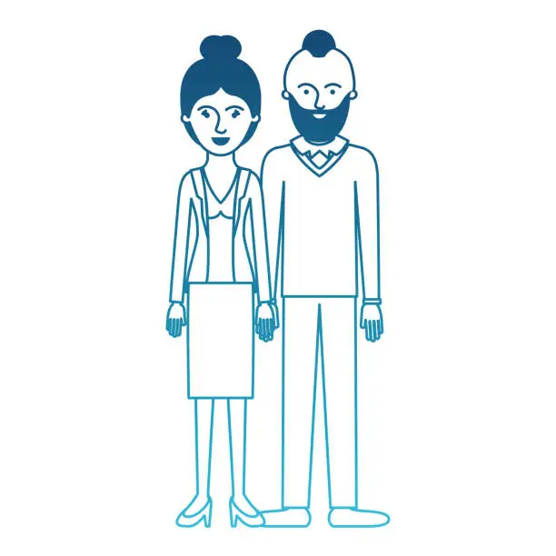 Vector illustration of couple in degraded blue silhouette and her with blouse and jacket and skirt and heel shoes with collected hair and him with beard and sweater and pants and shoes with taper fade haircut