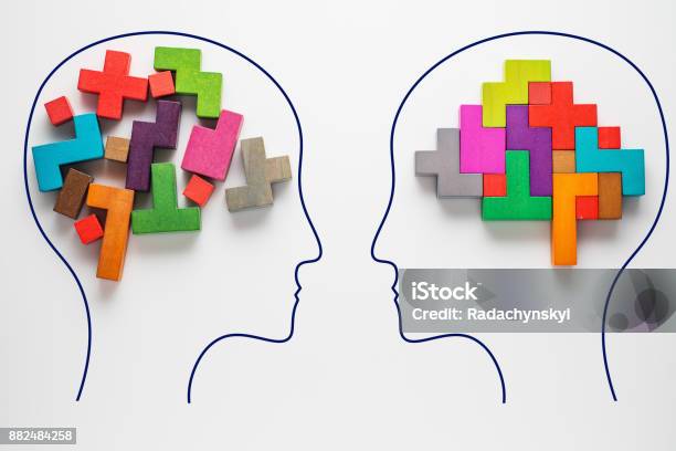 Heads Of Two People With Colourful Shapes Of Abstract Brain Stock Photo - Download Image Now
