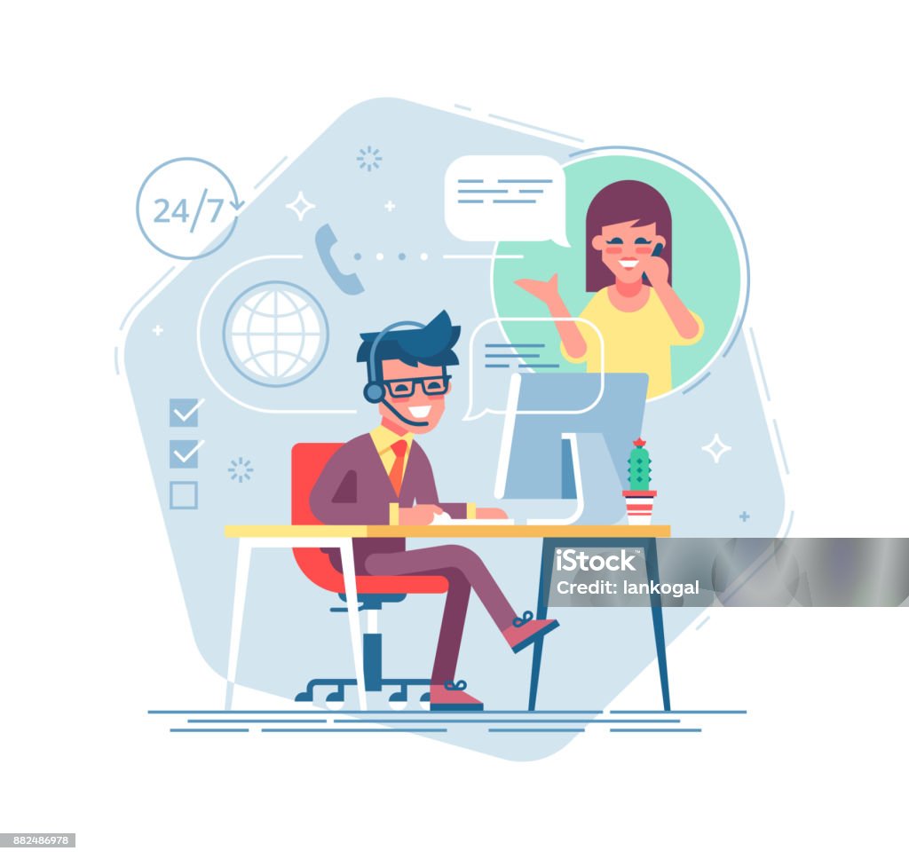 Happy male helpline operator with headset consulting a client. Online global tech support 24/7. Operator and customer. Technical support concept. Vector illustration in flat design. Customer stock vector