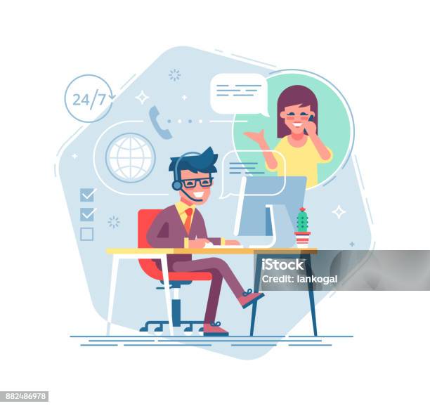 Happy Male Helpline Operator With Headset Consulting A Client Online Global Tech Support 247 Operator And Customer Technical Support Concept Vector Illustration In Flat Design Stock Illustration - Download Image Now
