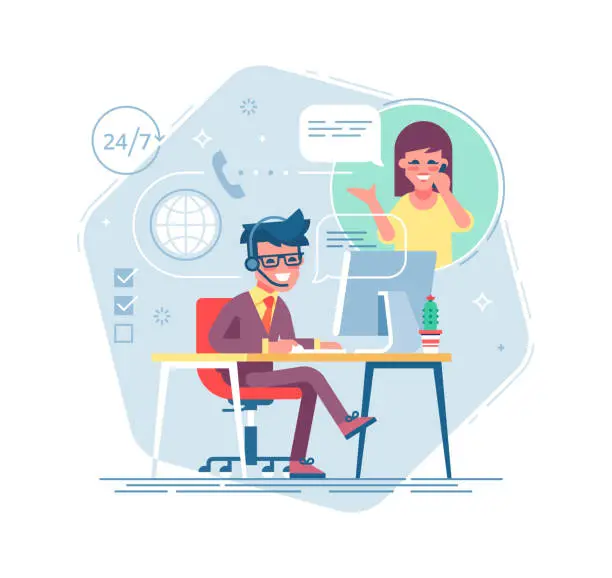 Vector illustration of Happy male helpline operator with headset consulting a client. Online global tech support 24/7. Operator and customer. Technical support concept. Vector illustration in flat design.