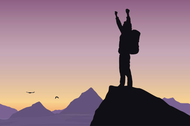 vektor-illustration eine berglandschaft mit einem touristen auf felsen feiert erfolg mit erhobenen händen - silhouette landscape cliff mountain stock-grafiken, -clipart, -cartoons und -symbole