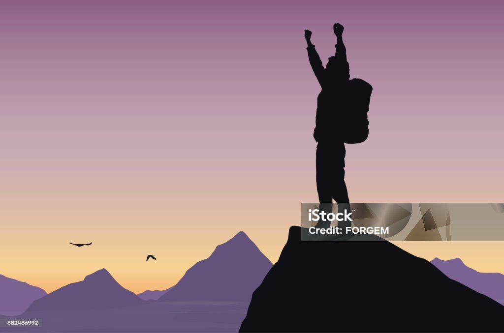 Illustration vectorielle d’un paysage de montagne avec un touriste sur rocher célèbre succès avec mains surélevées - clipart vectoriel de Alpinisme libre de droits