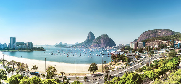 aerial view on sugar loaf mountain in Bay of Rio de Janeiro with little boats