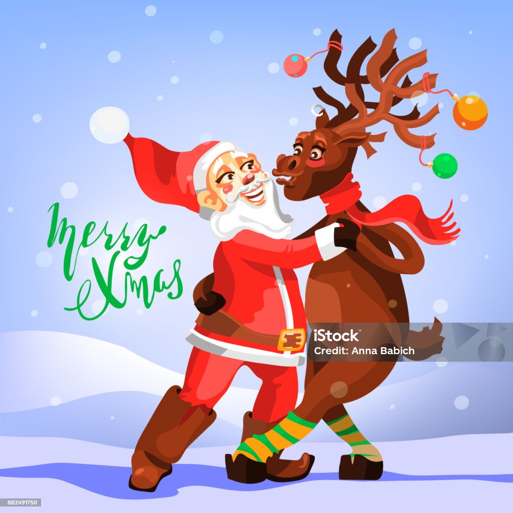 Dansende Kerstman Met Kerst Rendieren Grappig En Schattig Merry Christmas  Wenskaart Stockvectorkunst En Meer Beelden Van Dansen - Istock