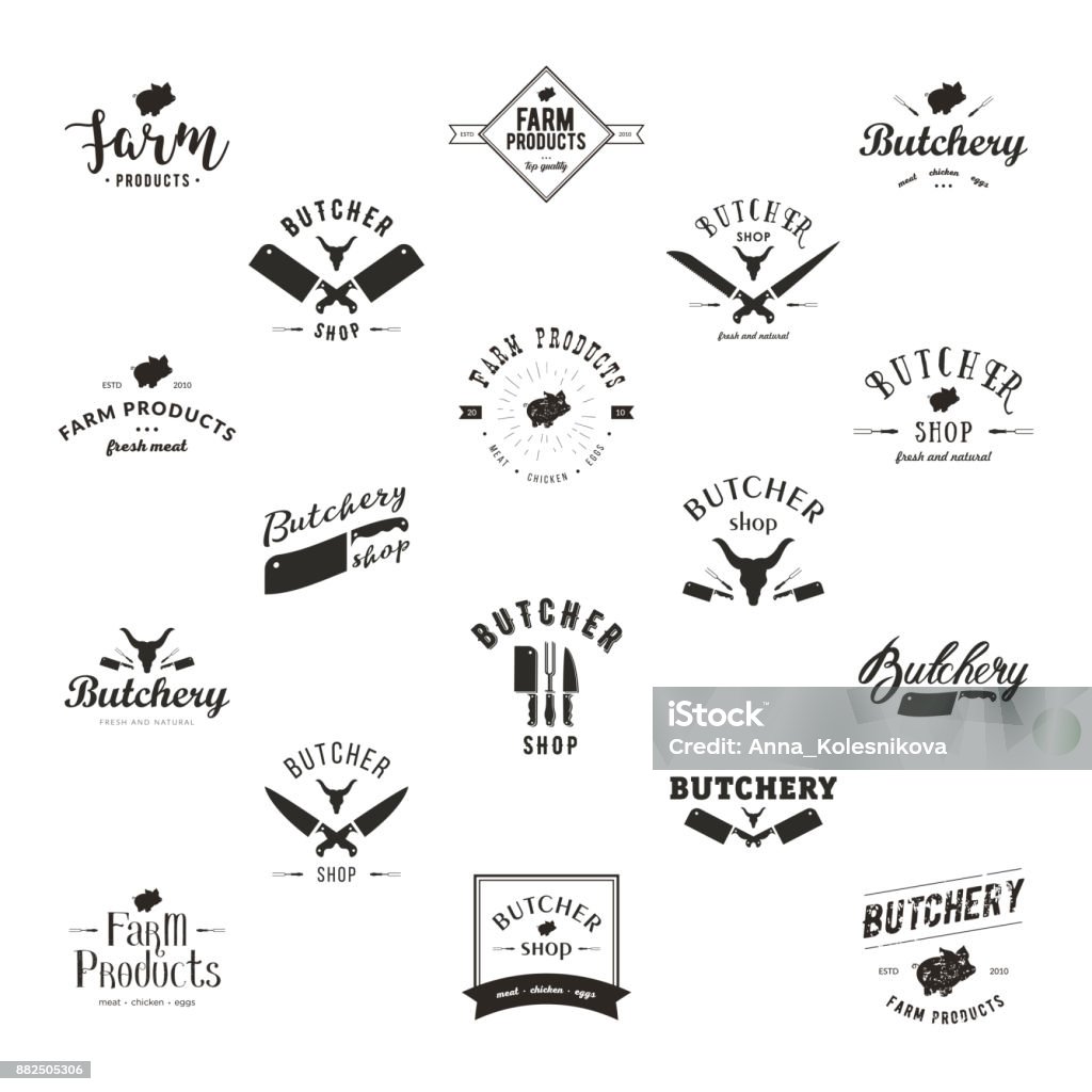 Set of retro styled butchery icon templates Set of retro styled butchery icon templates. Butchery labels with sample text. Butchery design elements and farm animals silhouettes for groceries, meat stores, packaging and advertising Logo stock vector