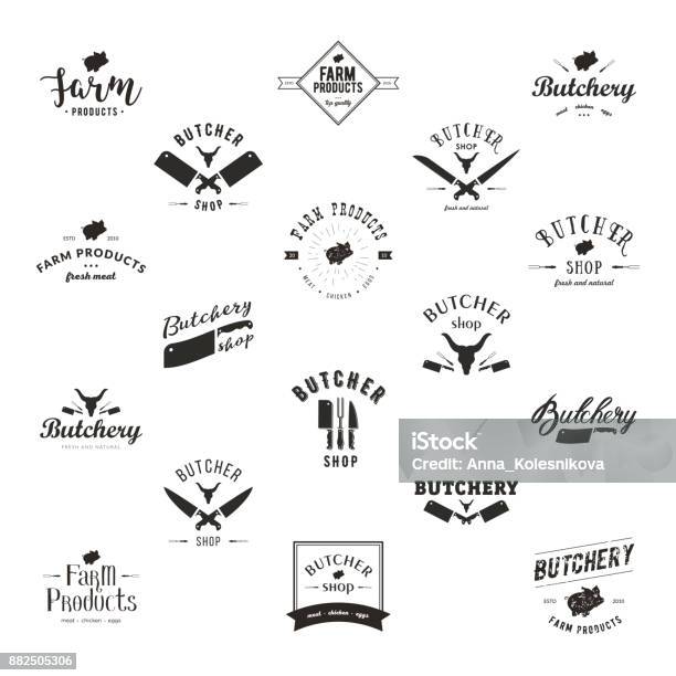 Set Of Retro Styled Butchery Icon Templates Stock Illustration - Download Image Now - Logo, Butcher, Dirty