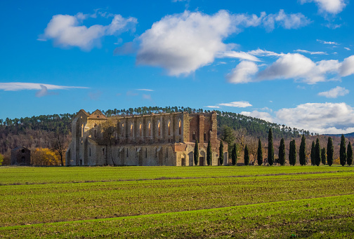 An old cistercian catholic monastery in a isolated valley of Siena province, Tuscany region. The roof collapsed after a lightning strike on the bell tower.