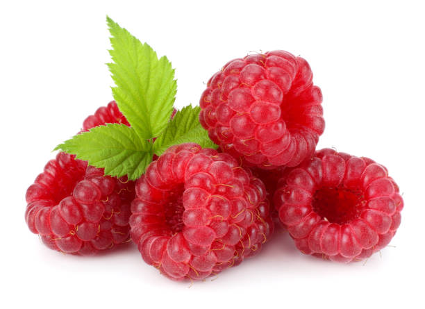 istock ripe raspberries with green leaf isolated on white background macro 882527406