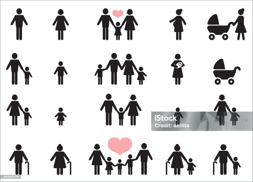 Set of twenty icons of people. Set of twenty icons of people in black. Child stock vector