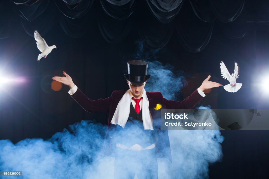 The magician with a two flying white Doves. on a black background shrouded in a beautiful mysterious smoke The magician with a two flying white Doves. on a black background. shrouded in a beautiful mysterious smoke Circus Stock Photo