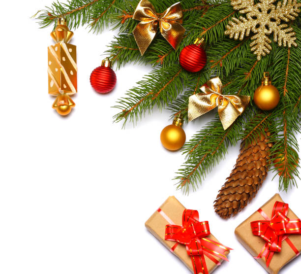 istock Christmas background. Top view with copy space. fir tree with cone isolated on white background 882538008