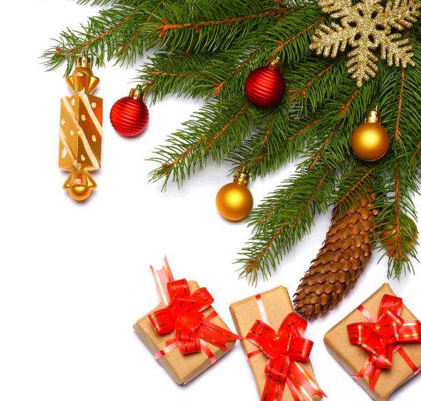 istock Christmas background. Top view with copy space. fir tree with cone isolated on white background 882538012
