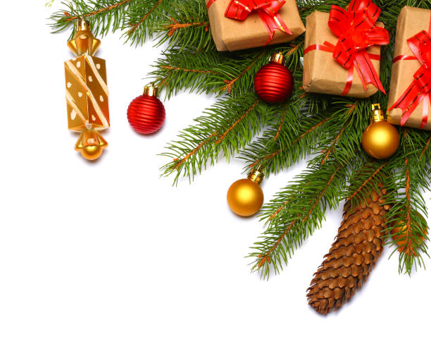 istock Christmas background. Top view with copy space. fir tree with cone isolated on white background 882538034