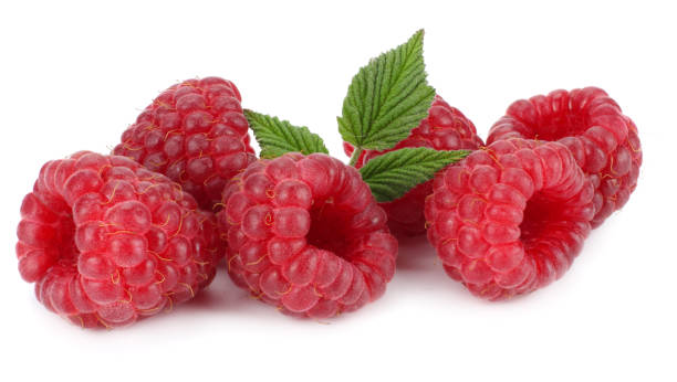 istock ripe raspberries with green leaf isolated on white background macro 882540976