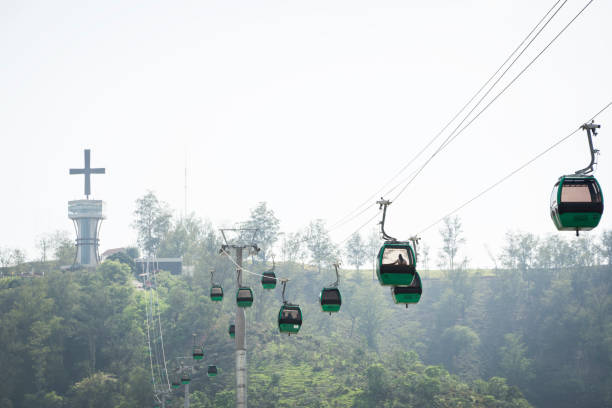 Cable car in Aparecida, São Paulo, Brazil Aparecida do Norte, São Paulo state, Brazil - October 30,2017. This is the National Sanctuary of Aparecida do Norte, dedicated to the patron of Brazil, Our Lady of Aparecida. Thousands of people go to this place every day for prayer and pilgrimage. Many miracles and healings are reached in this place. This is cable car that carries tourists to the cruise. church like a holy light from god stock pictures, royalty-free photos & images