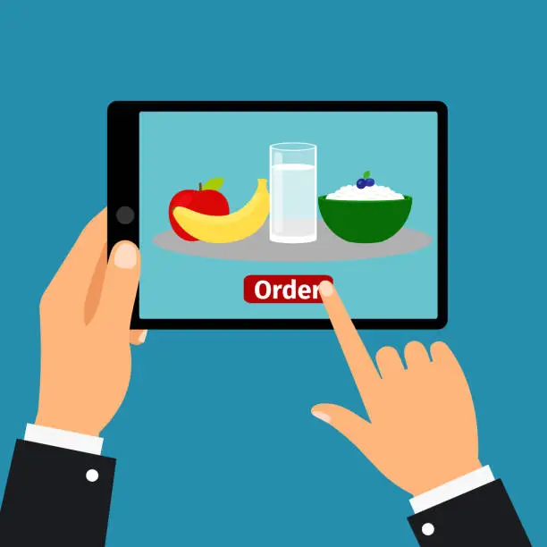 Vector illustration of Hand holding tablet, order food