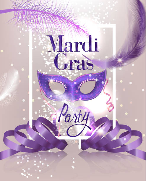 mardi gras party zaproszenie karty z latające pióra, kręcone wstążki i maski karnawałowej. ilustracja wektorowa - disco gold carnival party stock illustrations