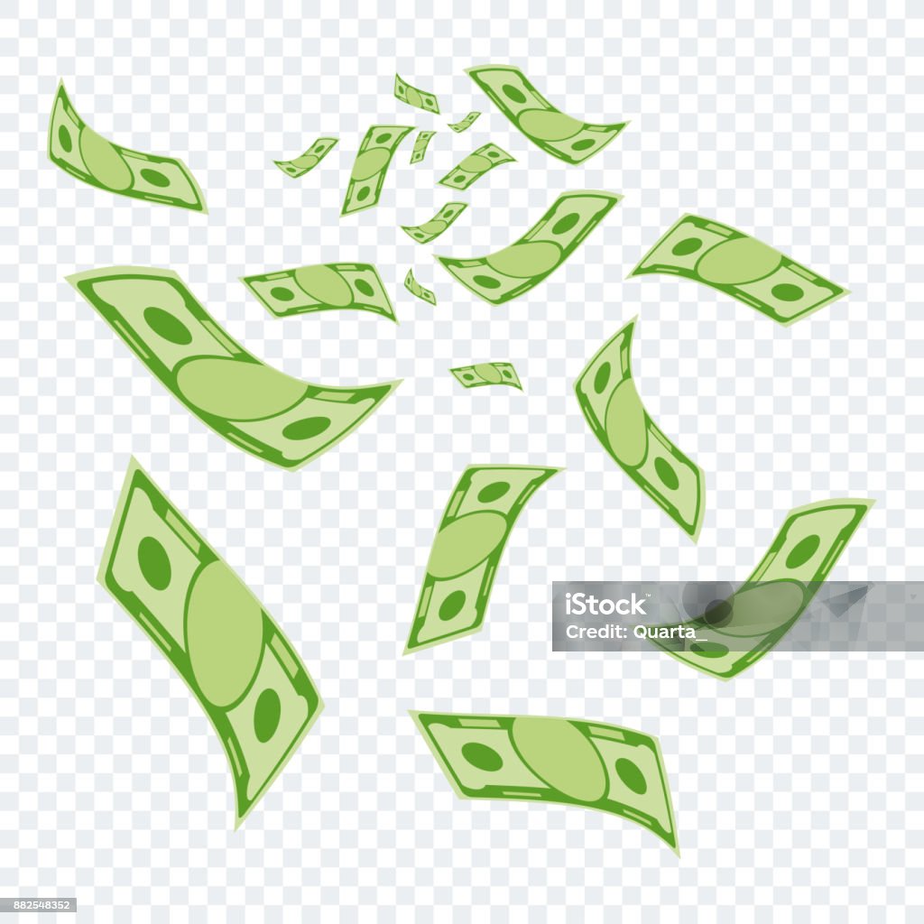 money on transparent Dollar banknotes falling from the sky. Symbol of wealth, success and good luck. Bank and Finance. Flat vector cartoon illustration. Objects isolated on a transparent background. Paper Currency stock vector