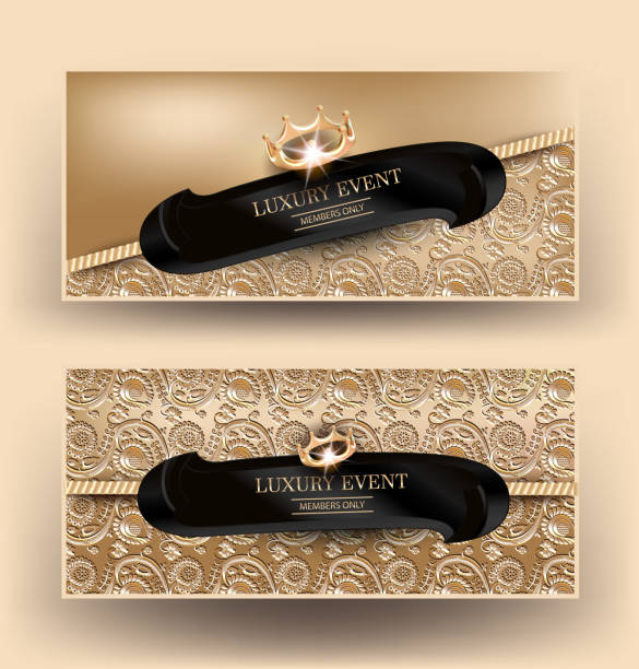 istock Elegand Luxury event banners with gold floral design background, crown. Vector illustration 882555924