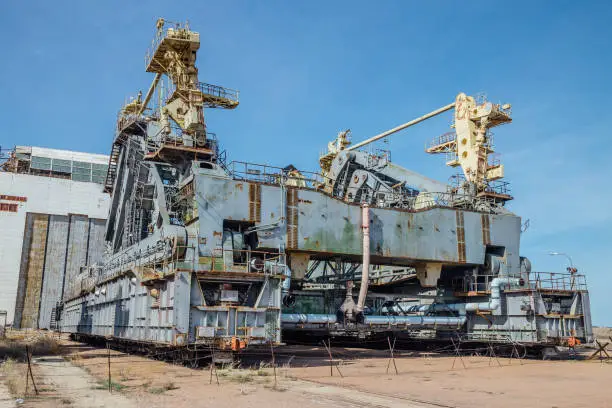 Abandoned transport and installation unit "Grasshopper" for spaceship Buran and Energy launch vehicle at cosmodrome Baikonur.