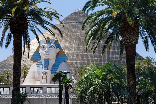 LAS VEGAS, USA - May 19, 2012: Replicas of the Egyptian Sphinx and Great Pyramid feature prominently at the Egyptian themed Luxor Hotel and Casino on Las Vegas Boulevard