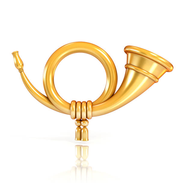 golden post horn isolated on white - bugle trumpet brass old fashioned imagens e fotografias de stock