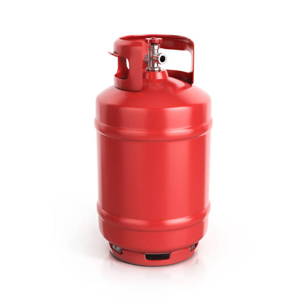 red propane cylinder with compressed gas 3d illustration - botija de gas imagens e fotografias de stock