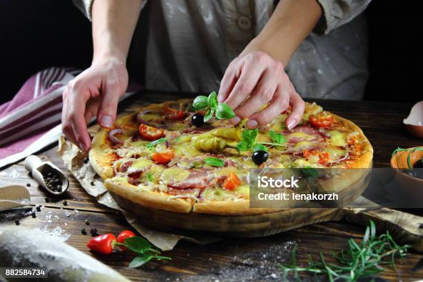 Pizza With Ham And Basil Stock Photo - Download Image Now - Adult, Adults Only, Arm