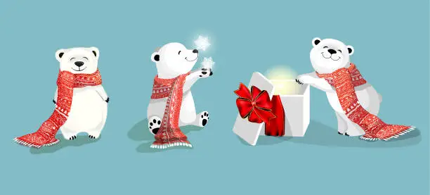 Vector illustration of Three little cute polar bears with red scafs in different poses. Christmas and New-year theme.Vector cartoon characters.