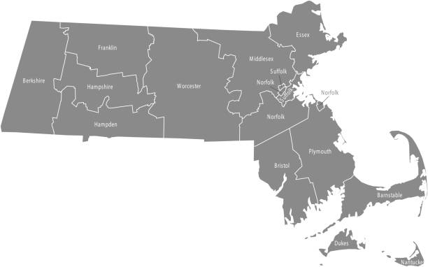 Massachusetts county map vector outline illustration in gray background The map is accurately prepared by a GIS and remote sensing specialist. Every county has a separate boundary that can be edited. massachusetts map stock illustrations