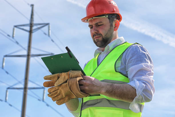 istock Electrician working in a helmet wearing gloves 882630978