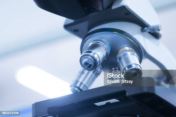 Microscopio Nel Banco Di Laboratorio - Fotografie stock e altre immagini di Microscopio - Microscopio, Laboratorio, Panchina