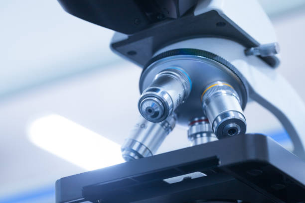 microscope in the lab bench stock photo