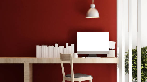 istock workplace and red wall in home or apartment - Interior design for artwork - 3D Rendering 882652026