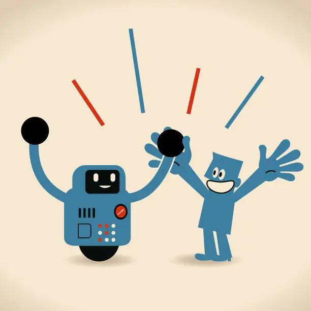 Vector illustration of Partnership, Artificial intelligence to benefit people and society. Robot and human holding hands