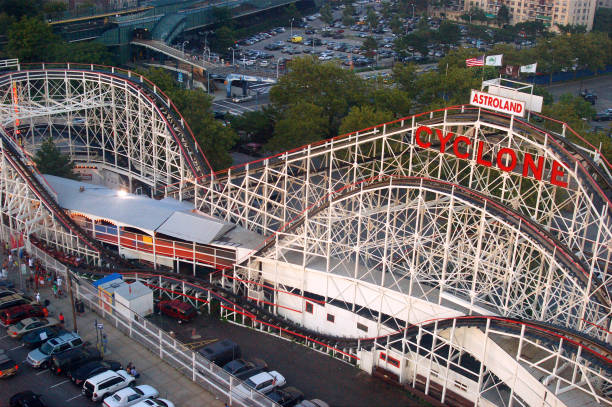 Coney Island, NY, USA August 11, 2007 The Cyclone, a wooden roller coaster on the boardwalk in Coney Island, New York is considered to be owe of the most famous, and one of the most thrilling coasters in existence.