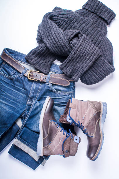 istock Men's winter clothes on white background. Flat lay and top view 882669666