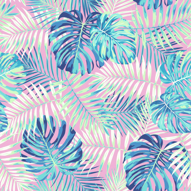 wzór liści tropikalnych w kolorze różowym i niebieskim - backgrounds tropical climate repetition pattern stock illustrations