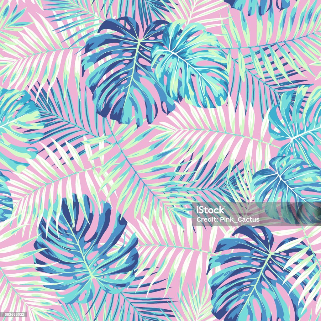 Tropical Leaf Pattern in Pink and Blue Tropical leaf design featuring bright blue palm and Monstera plant leaves on a pink background. Seamless vector repeating pattern. Tropical Pattern stock vector