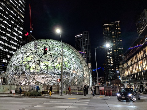 Seattle, Washington USA - November 27, 2017: View of Biosphere Domes Which Will House Over 300 Species at the Main Campus Headquarters of Amazon.com