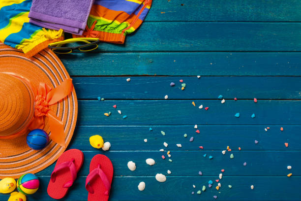 istock Set of summer object on blue wooden for background, Object summer concept on plank 882708114