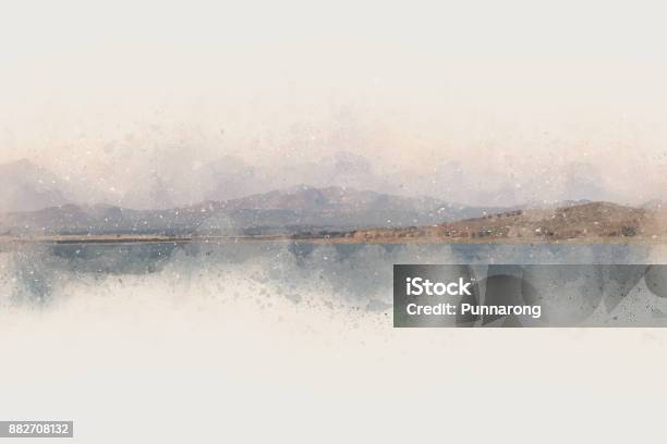 Abstract Colorful Mountain Peak And River On Watercolor Painting Background Stock Photo - Download Image Now