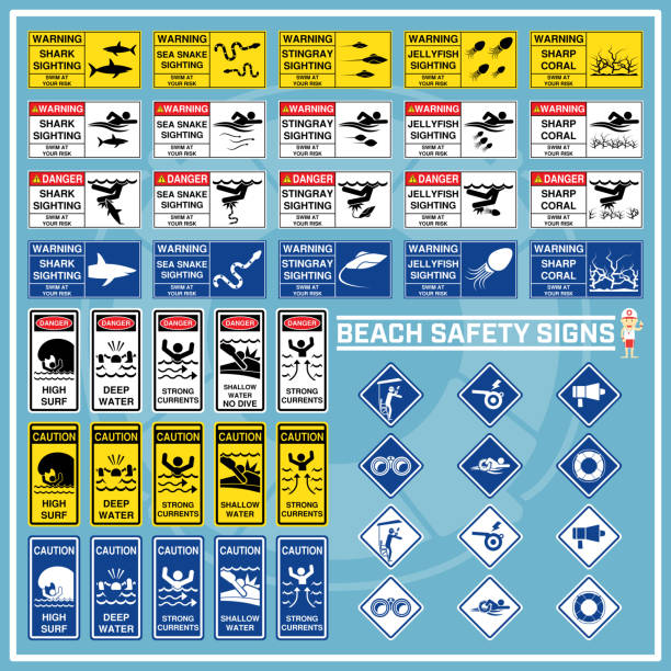 ilustraciones, imágenes clip art, dibujos animados e iconos de stock de conjunto de signos y símbolos de advertencia de seguridad de la playa, seguridad las indicaciones para uso como normas de seguridad de playa, señales de precaución de seguridad de playa - sighting