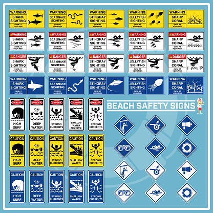 Set of signs and symbols of beach safety warning, Safety signs for use as beach safety rules, Beach safety caution signs