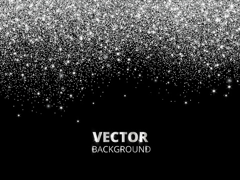 Falling glitter confetti. Vector silver dust, explosion on black background. Sparkling glitter border, festive frame. Great for wedding invitations, party posters, Christmas and birthday cards.