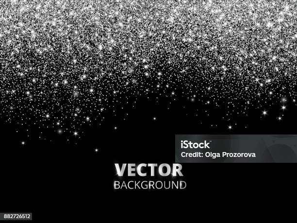 Falling Glitter Confetti Vector Silver Dust Explosion On Black Background Sparkling Glitter Border Festive Frame Stock Illustration - Download Image Now