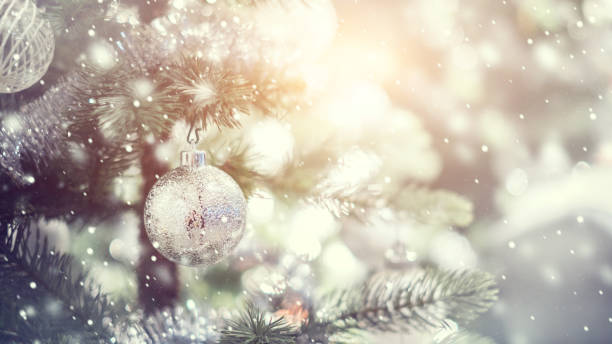 White and silver bauble hanging from a decorated Christmas tree with background.